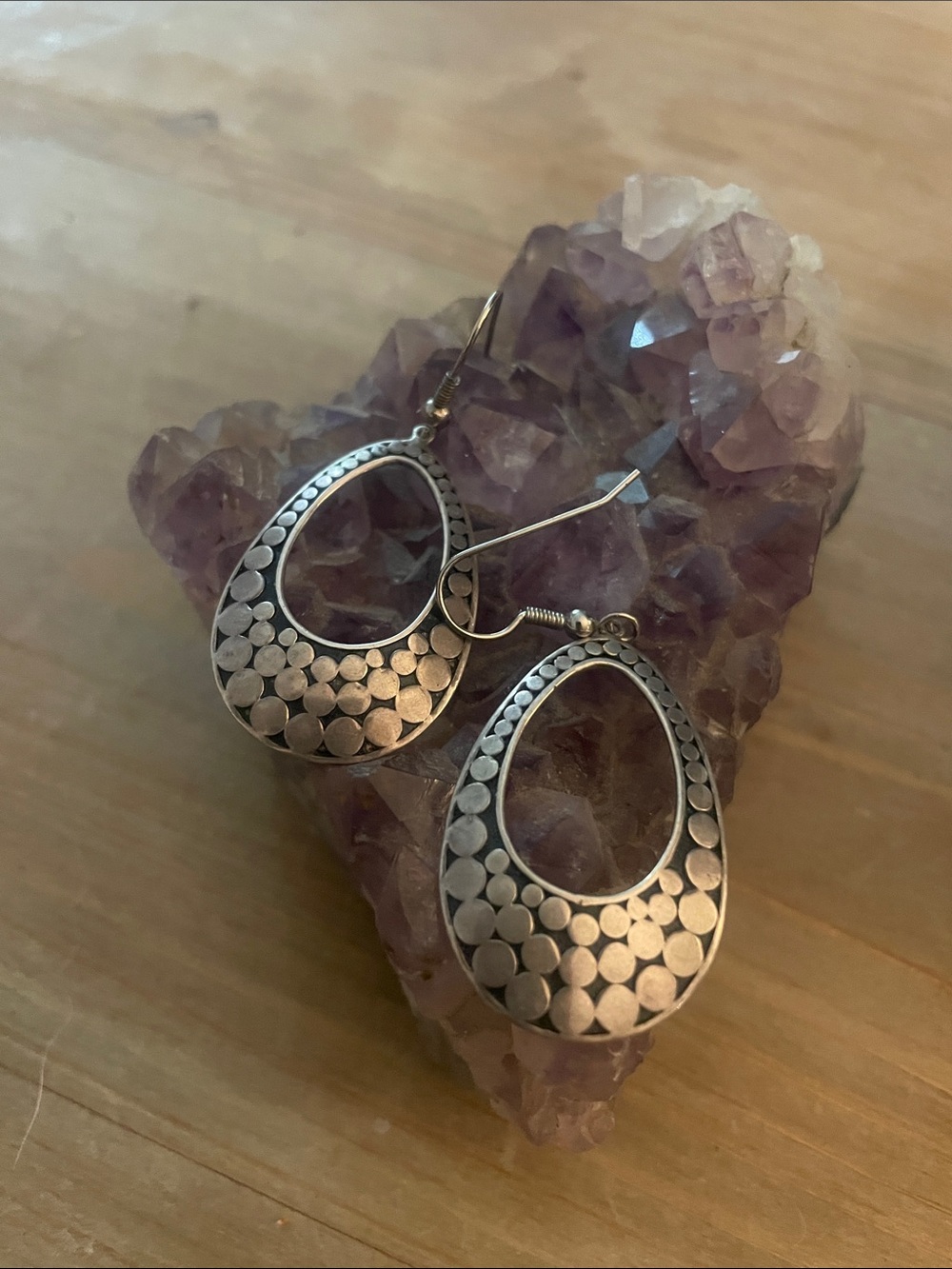 Hand Crafted Silver-Tone Teardrop Earrings with Dot Texture